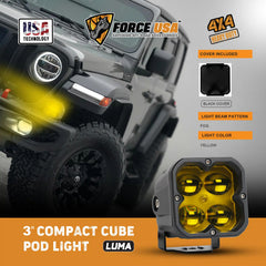FORCE USA 3 IN COMPACT CUBE DRIVING LUMA LIGHT FOG - YELLOW - Image 3