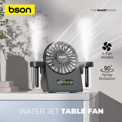 Bson Water Jet Table Fan- 90° Spray Rotation, 4 Fan Modes, Dual Mist Spray, Cool Air Function, Powerful Wind, Type-C Charging, Storage Tank, & LED Display