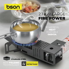 Bson Ignite Portable Stove – 2.1KW High-Power Burner, Folding Technology, Windproof, Energy-Saving, Stainless Steel, Electronic Ignition, Carry Bag, Fits Pots 11.5–24cm
