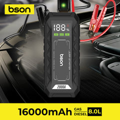 Bson Turbo Kick Jump Starter – 16000mAh, QDSP Quick Start, Up to 8L Gas/Diesel Engines, 3-Mode Dual Brightness LED Light, Power Bank Function