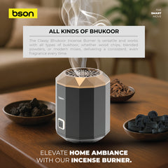 BSON Classy Bhukoor Incense Burner, designed to diffuse rich bhukoor fragrance with elegance and ease. 15 uses per recharge, 90 Sec auto shut-off, 500o temperature with rotatable LID and type-C charging