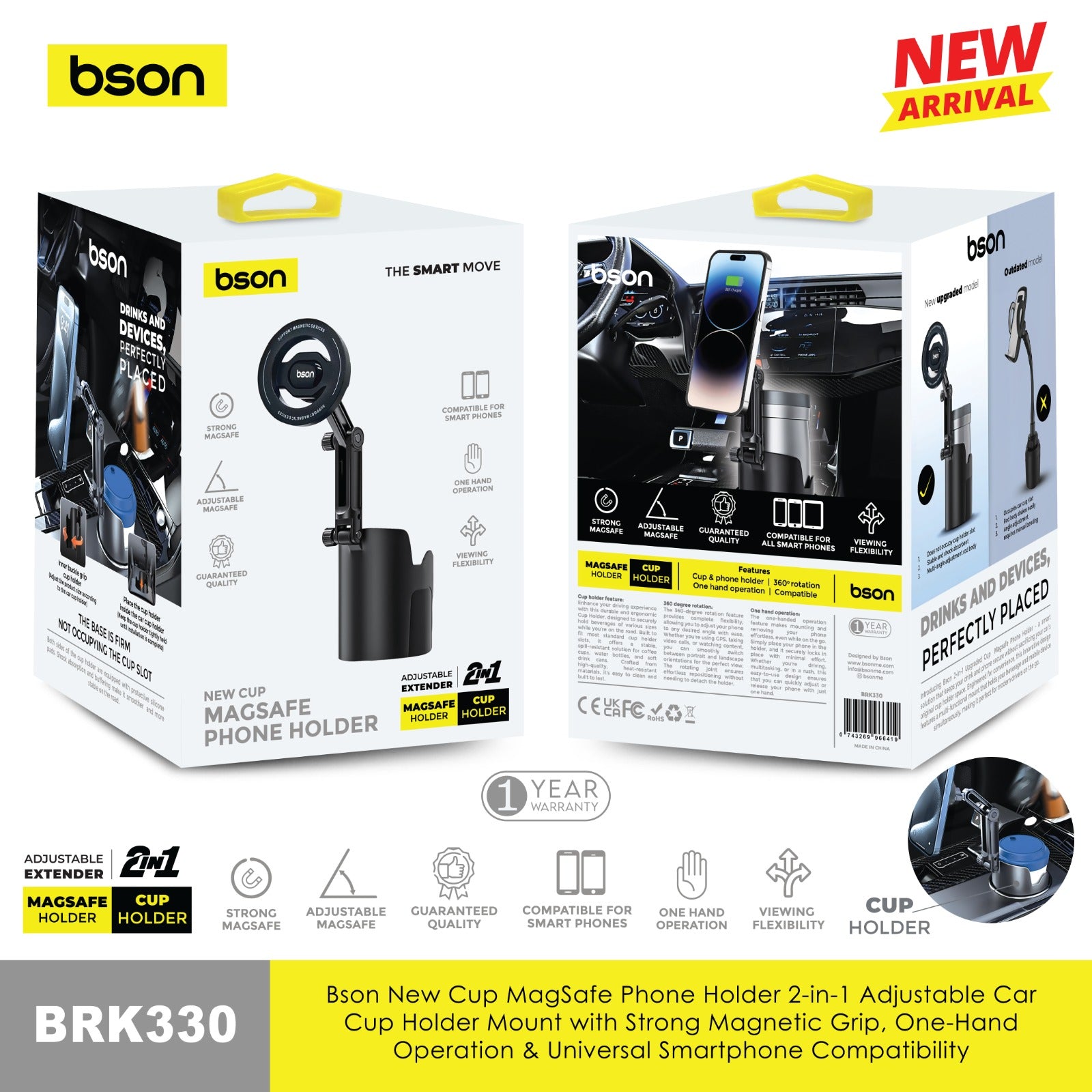 Bson New Cup MagSafe Phone Holder 2-in-1 Adjustable Car Cup Holder Mount with - Image 2
