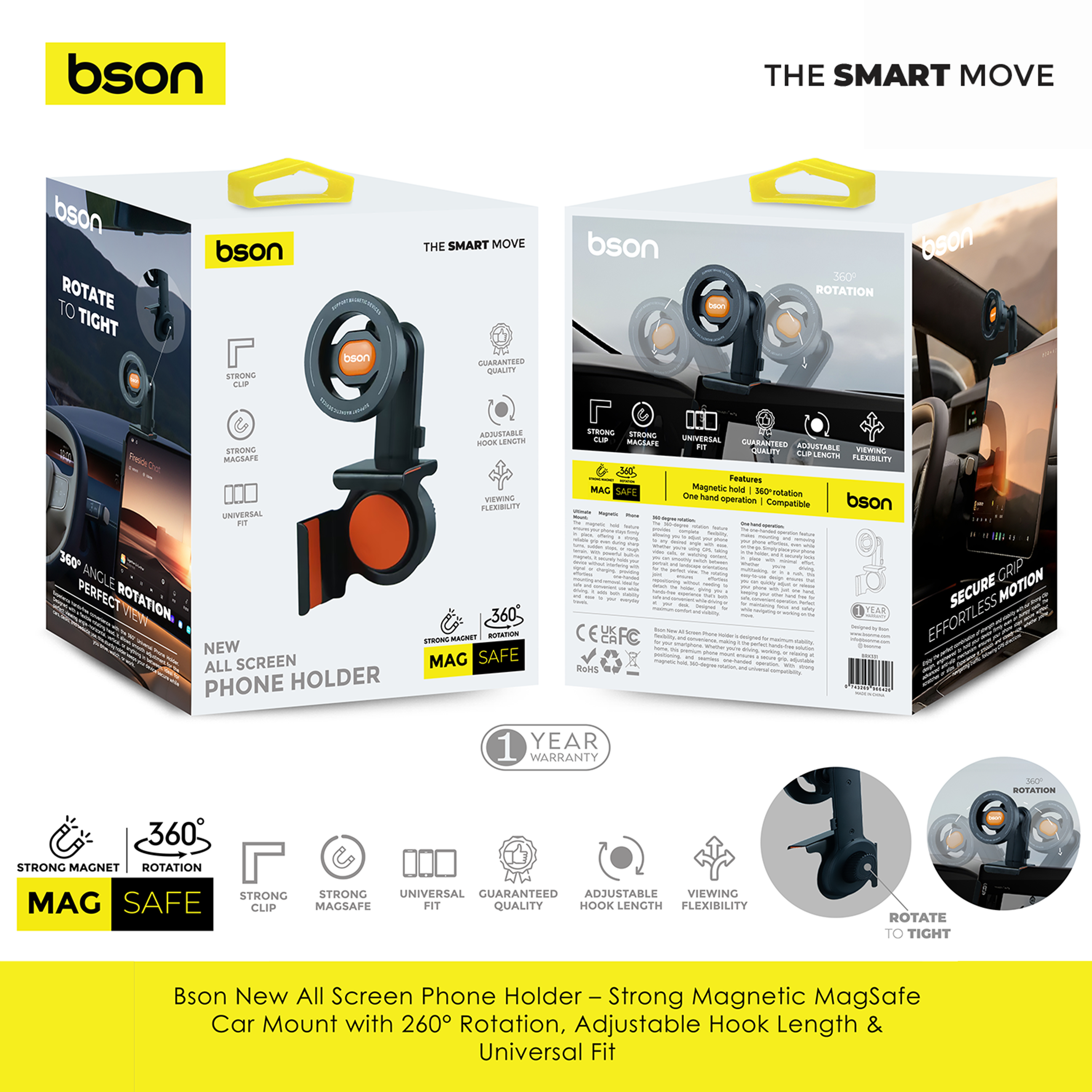 Bson New All Screen Phone Holder – Strong Magnetic MagSafe Car Mount with 360° - Image 2