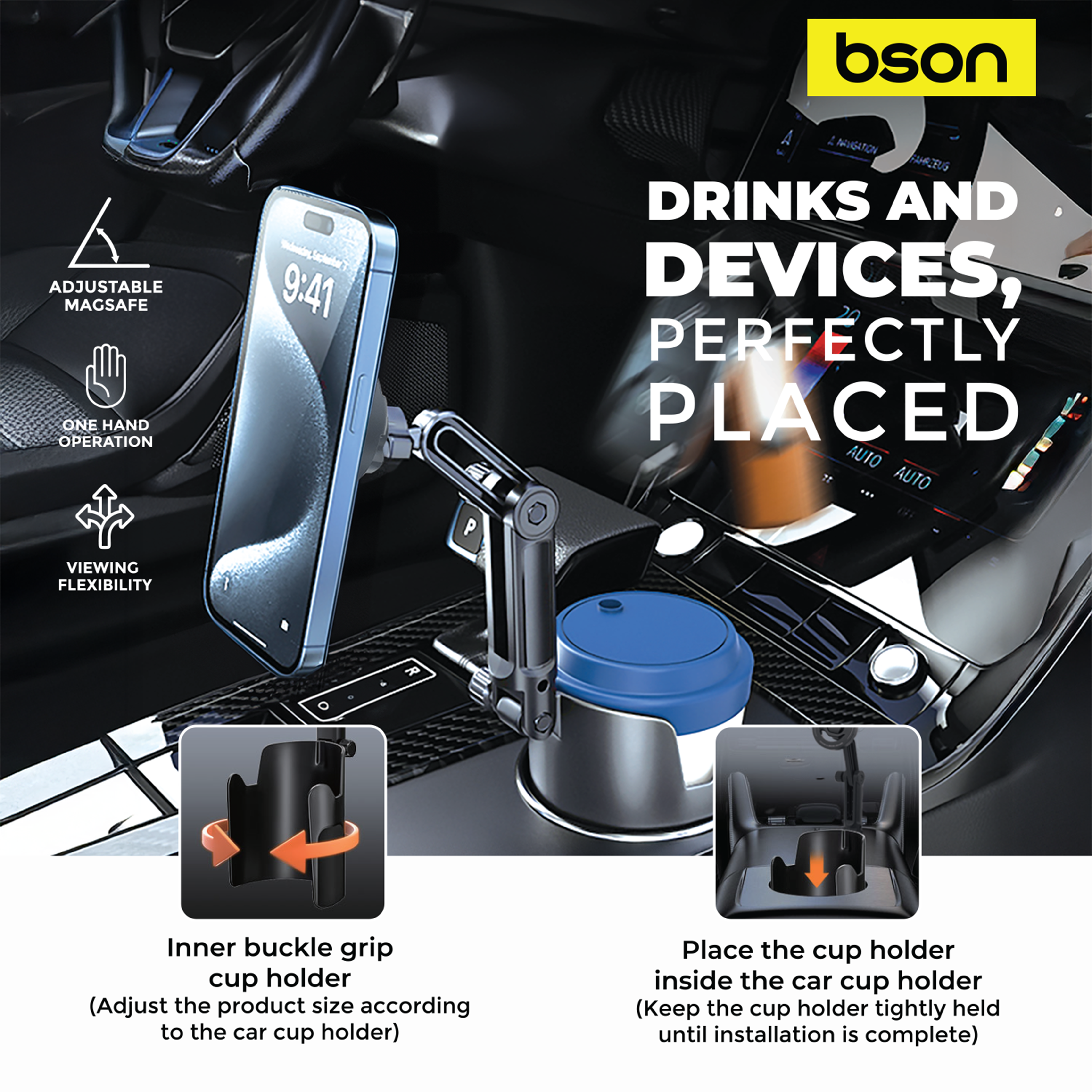 Bson New Cup MagSafe Phone Holder 2-in-1 Adjustable Car Cup Holder Mount with - Image 5