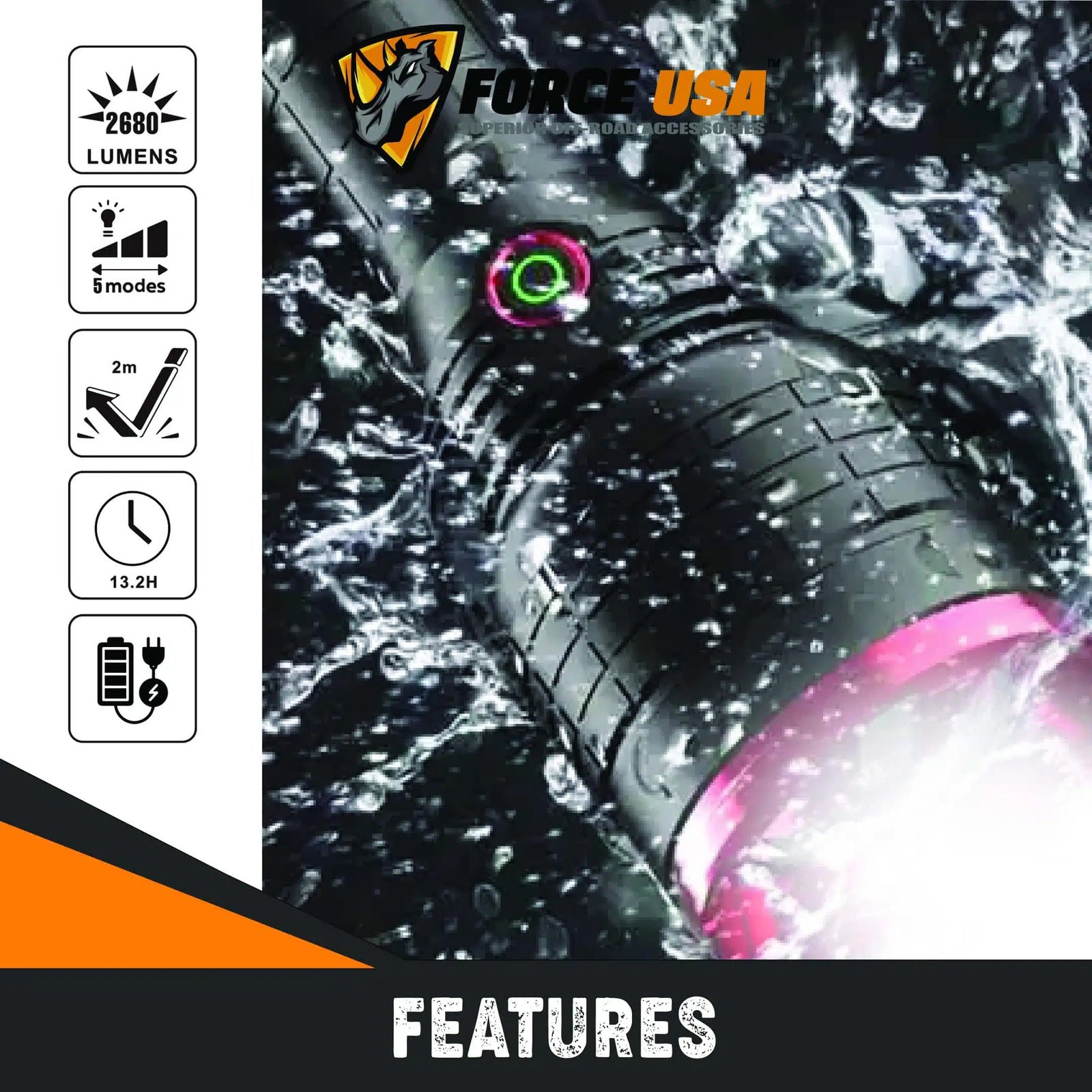 FORCE USA Rotating Led Torch Flashlight Waterproof Light High 2680Lumens Low - Image 3