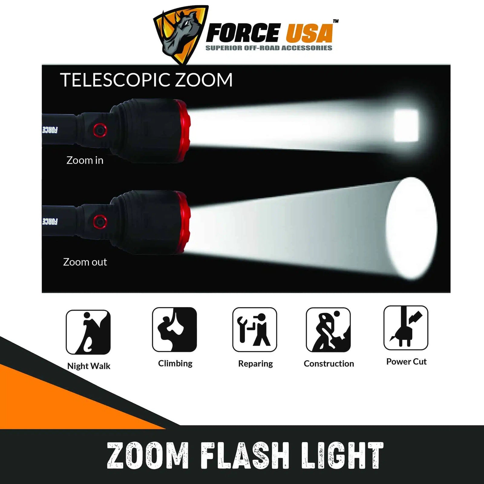FORCE USA Rotating Led Torch Flashlight Waterproof Light High 2680Lumens Low - Image 4