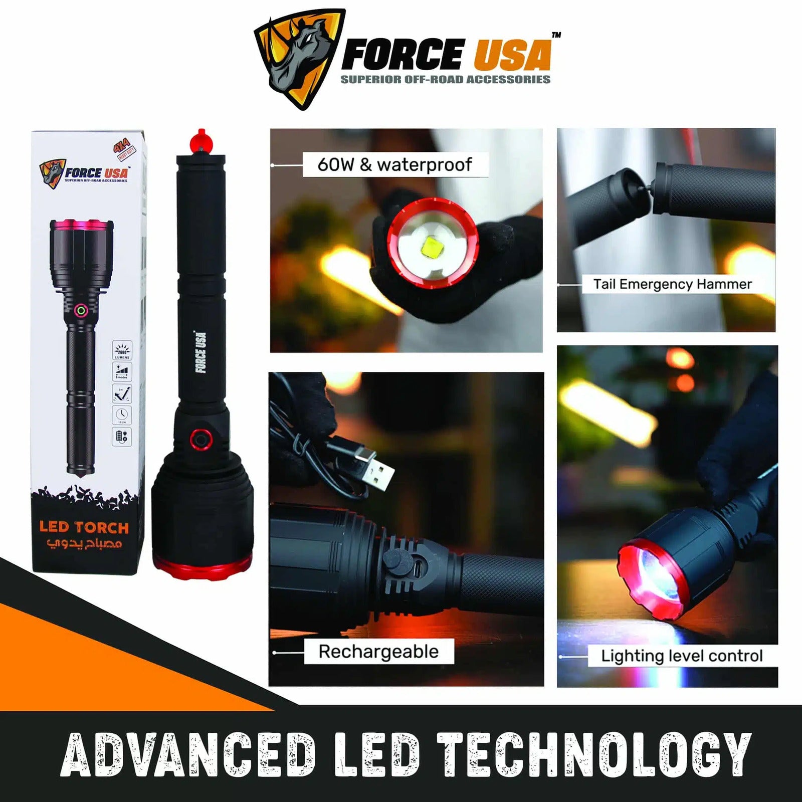 FORCE USA Rotating Led Torch Flashlight Waterproof Light High 2680Lumens Low - Image 2