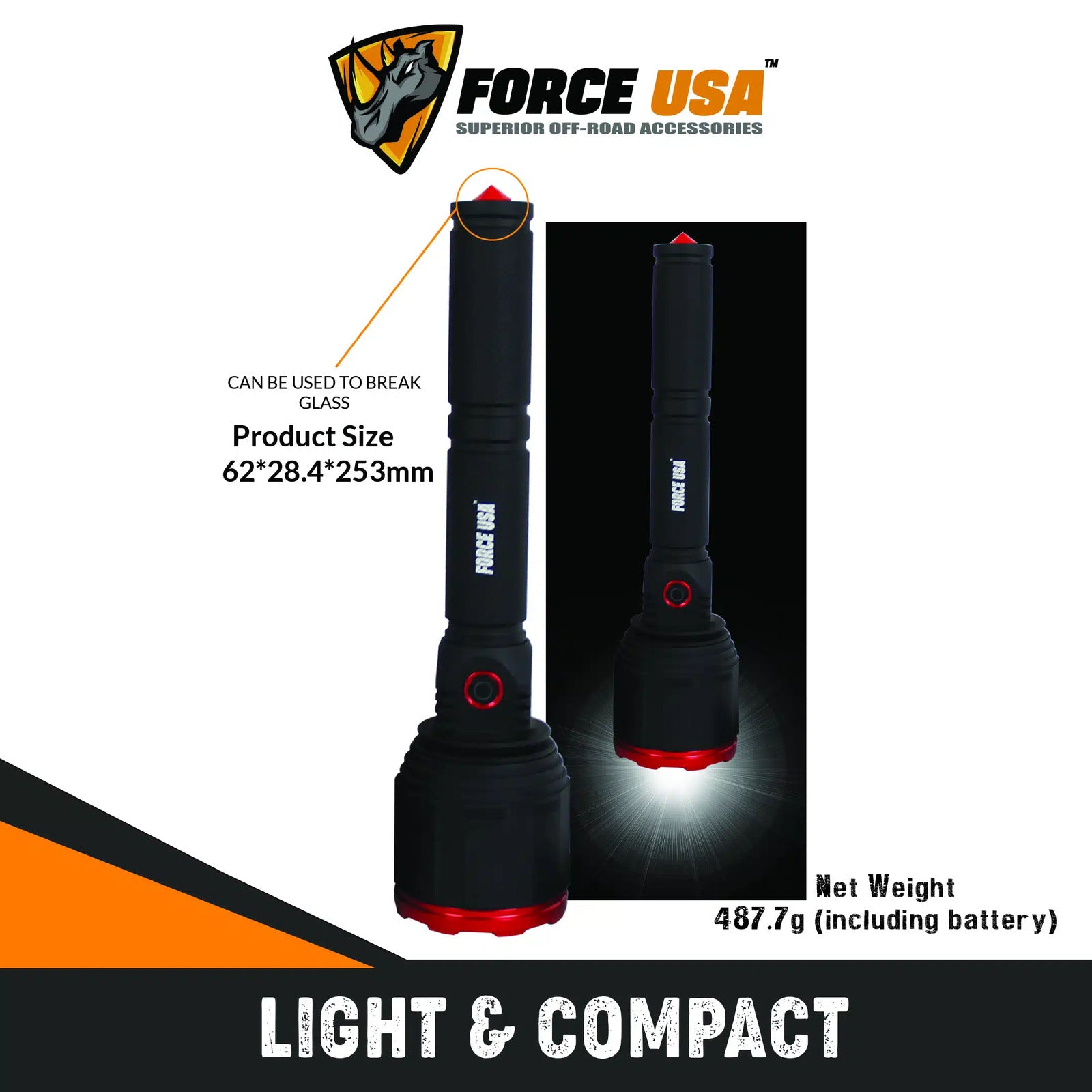 FORCE USA Rotating Led Torch Flashlight Waterproof Light High 2680Lumens Low - Image 5