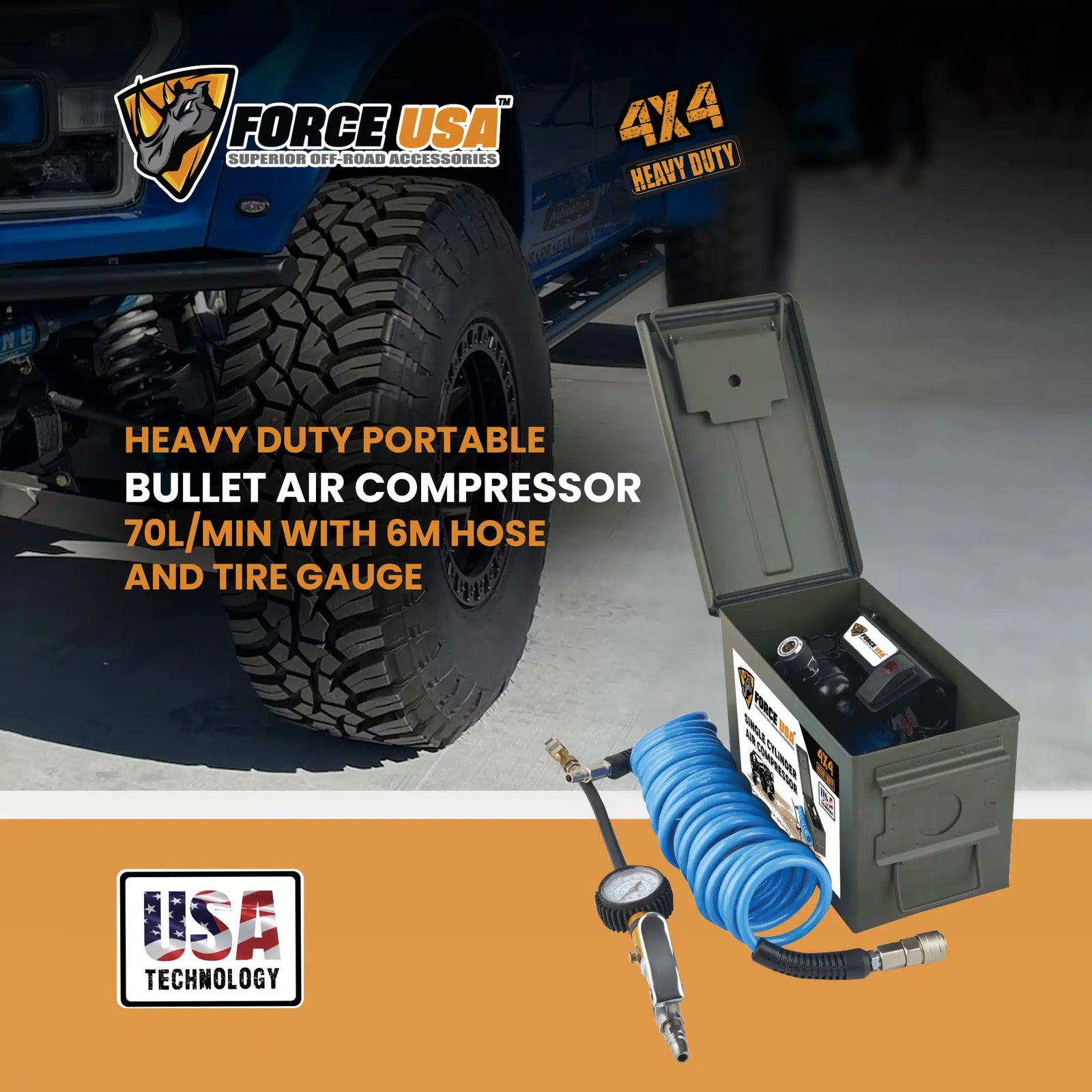 FORCE USA Heavy Duty Portable Bullet Air Compressor 70L/Min with 6M Hose and - Image 3