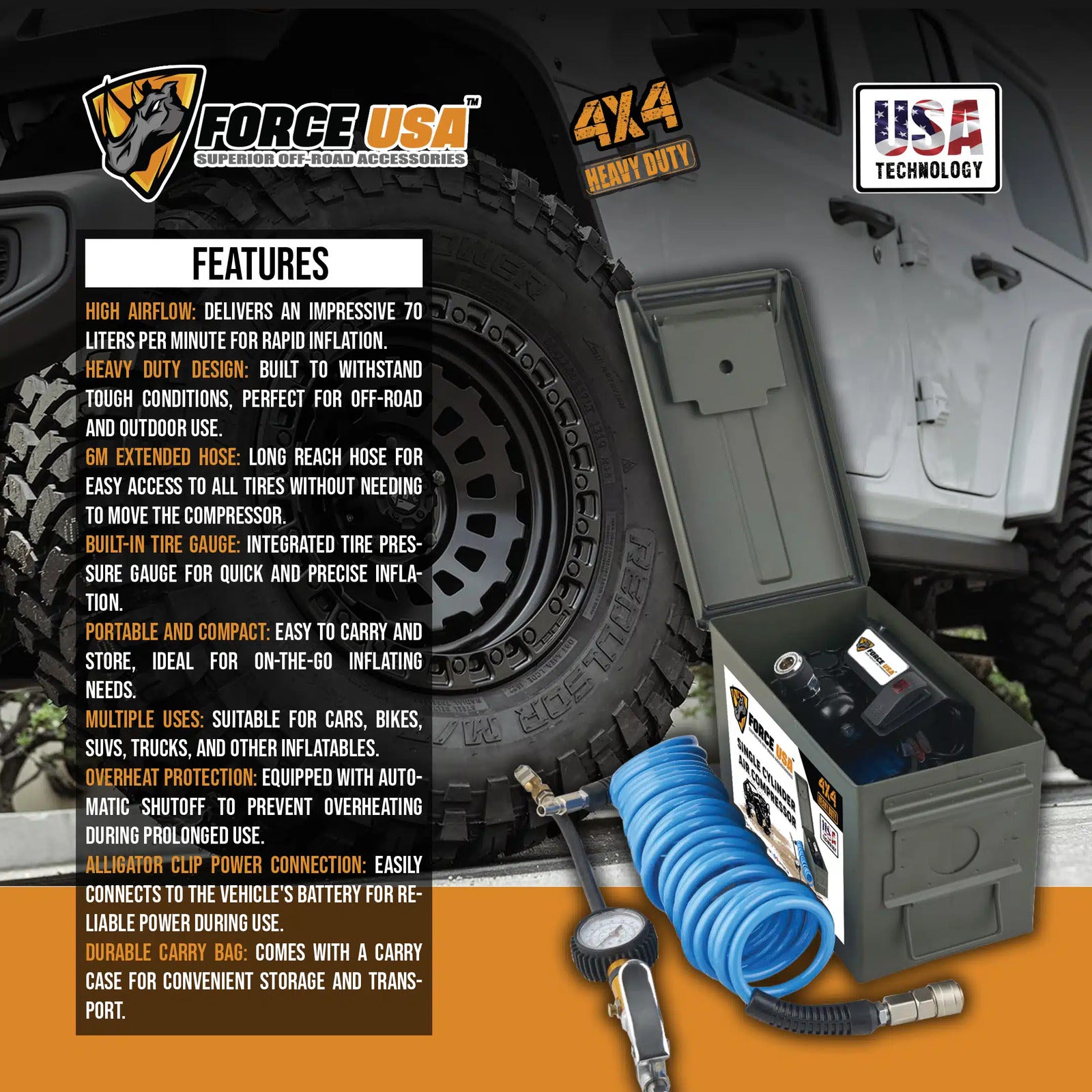 FORCE USA Heavy Duty Portable Bullet Air Compressor 70L/Min with 6M Hose and - Image 5
