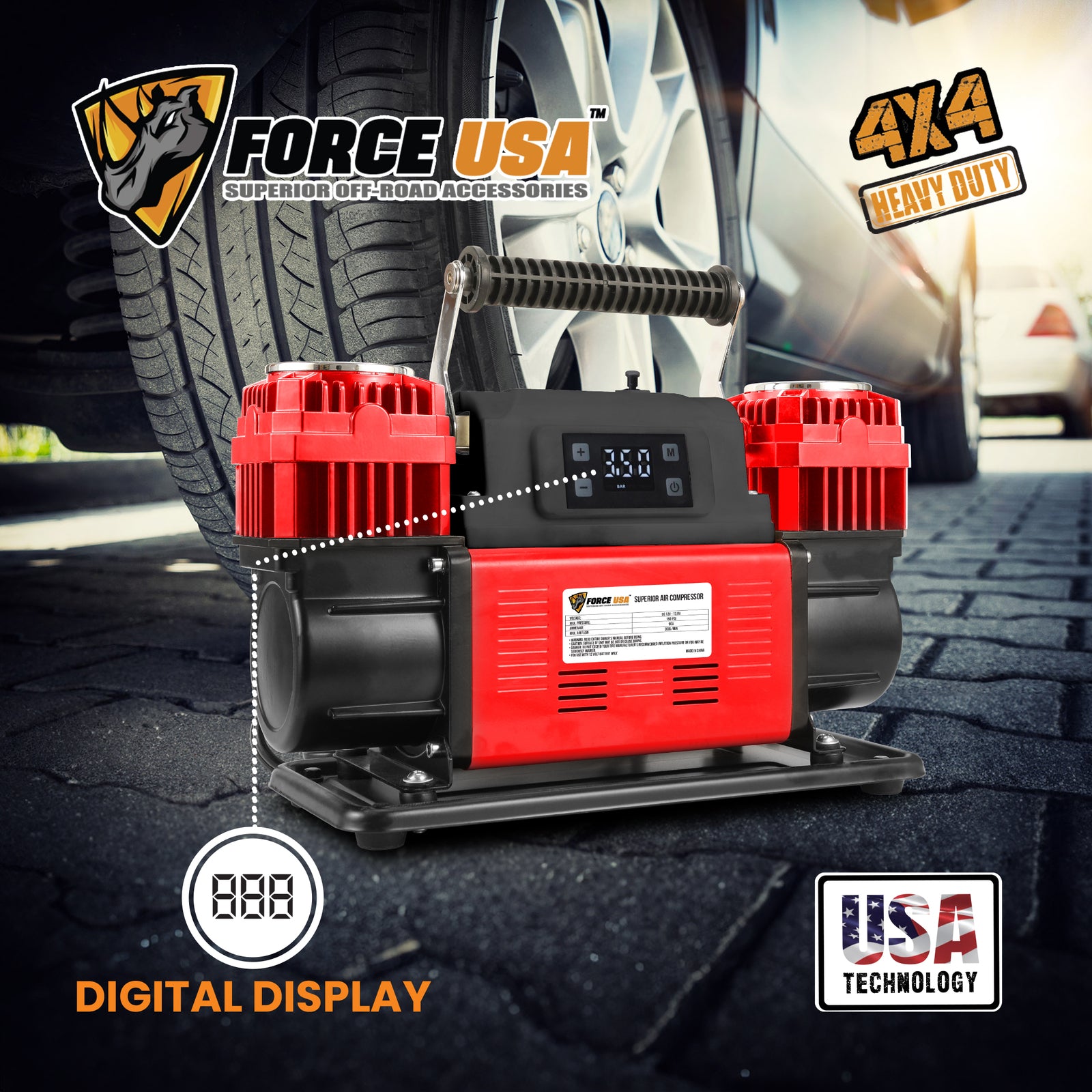 FORCE USA DIGITAL HEAVY DUTY DOUBLE CYLINDER AIR COMPRESSOR-RED - Image 3