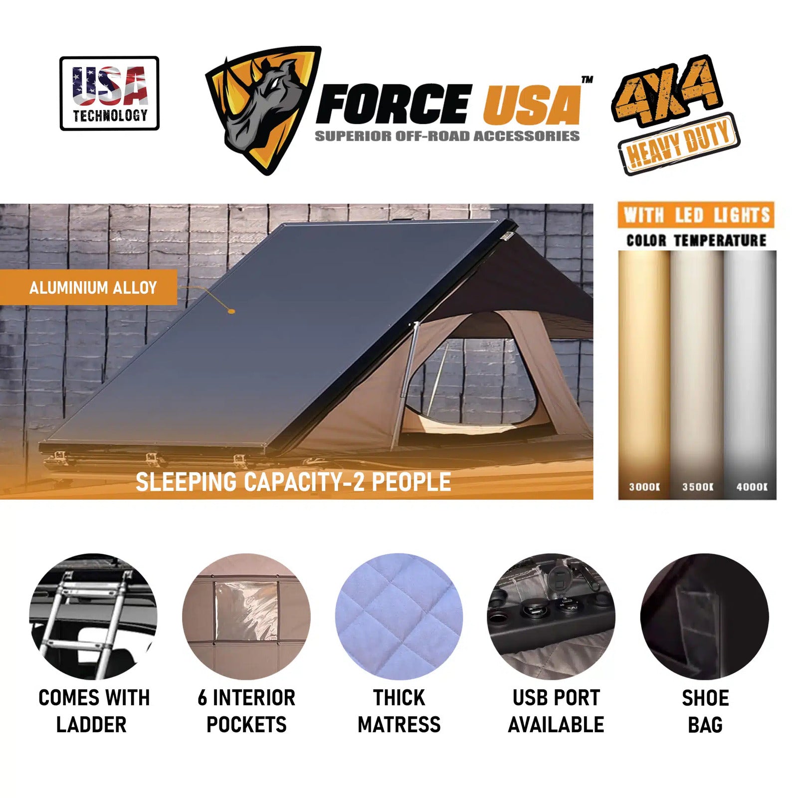 FORCE USA ROOFTOP TENT WITH LED LIGHT - Image 6