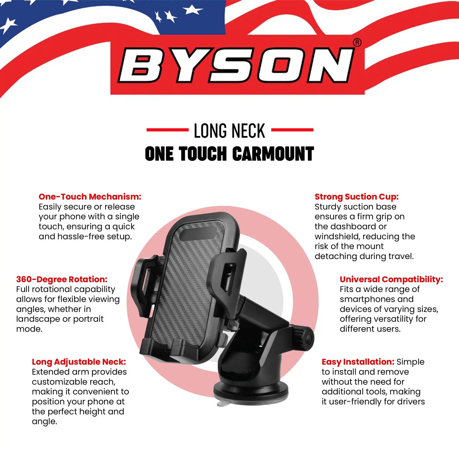 BYSON LONG NECK ONE TOUCH CAR MOUNT WITH 360 DEGREE ROTATION - Image 3
