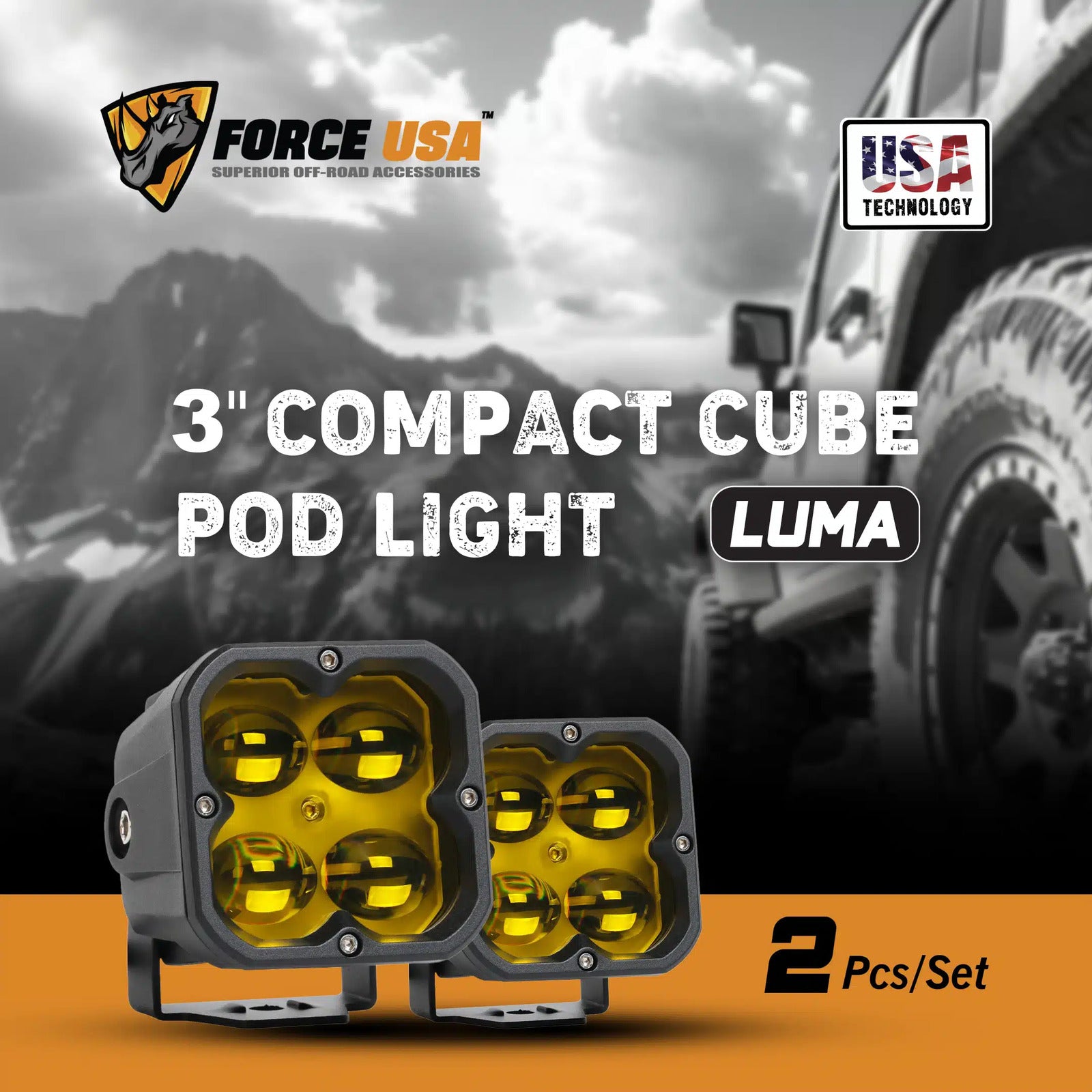 FORCE USA 3 IN COMPACT CUBE DRIVING LUMA LIGHT FOG - YELLOW - Image 4