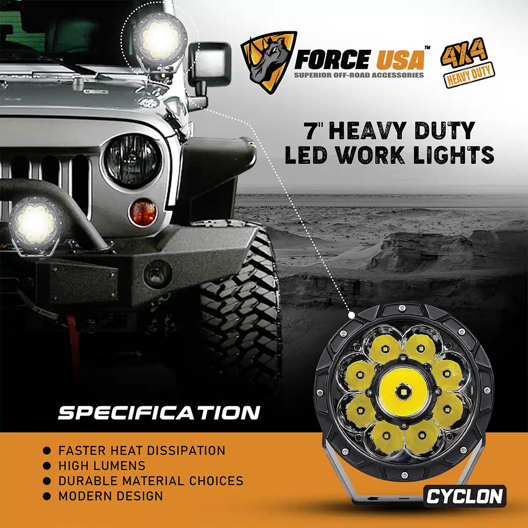 FORCE USA CYCLON 7" HEAVY DUTY LED LIGHT SPOT WHITE (PAIR) - Image 3