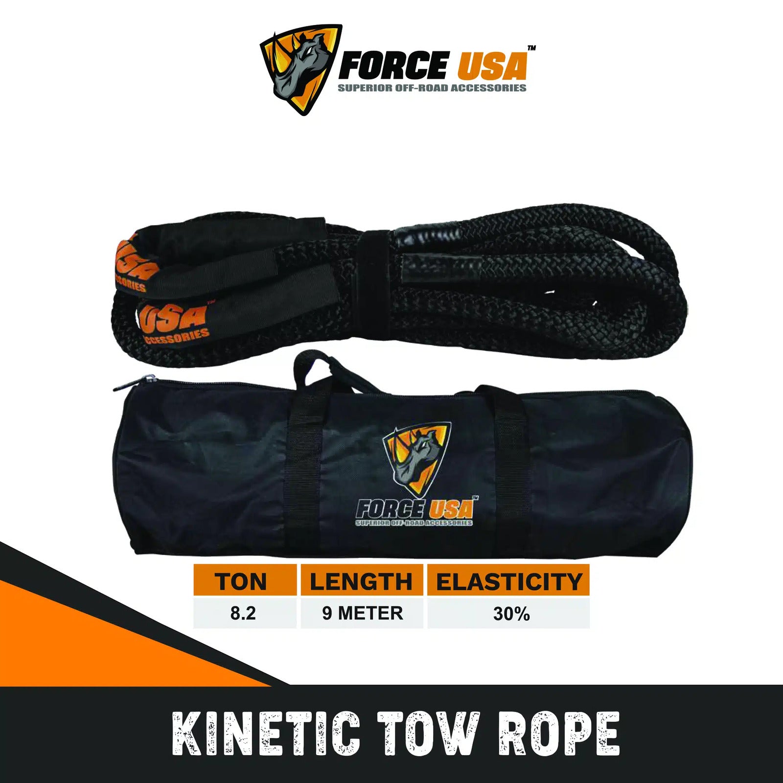 FORCE USA Extreme Strength Kinetic Tow Rope - Black Heavy Duty - 9M - Image 2