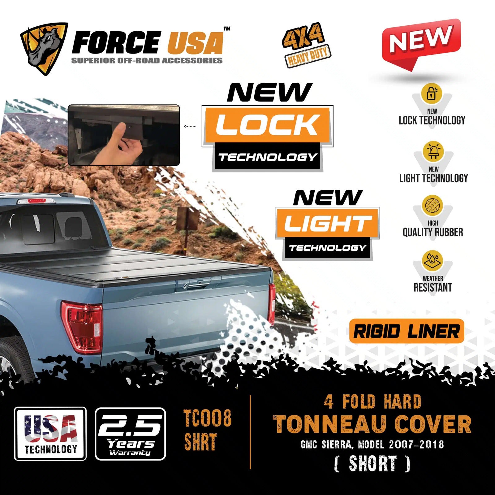 FORCE USA 4 FOLD TONNEAU COVER-GMC SIERRA-5.8FT.MODEL & 6.5FT.MODEL 2007-2018