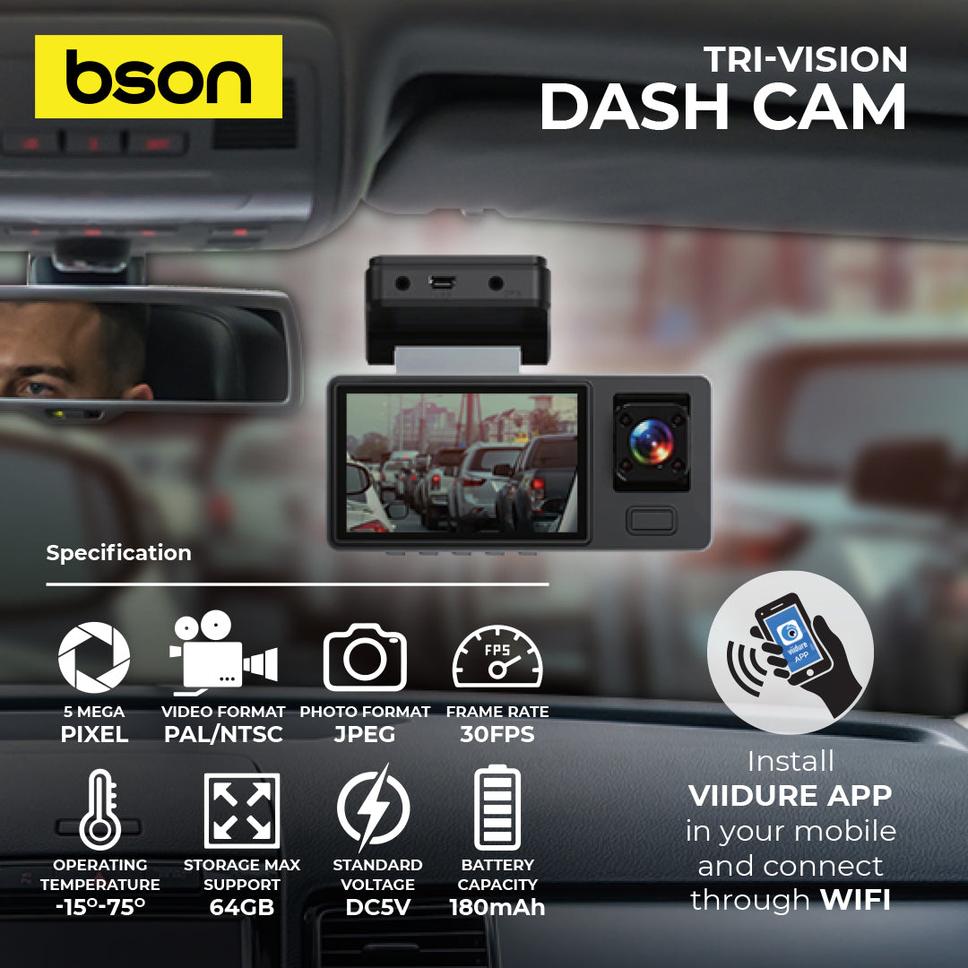 Bson Tri-Vision Dash Cam – 3-Channel Camera with 1080P Front - Image 3