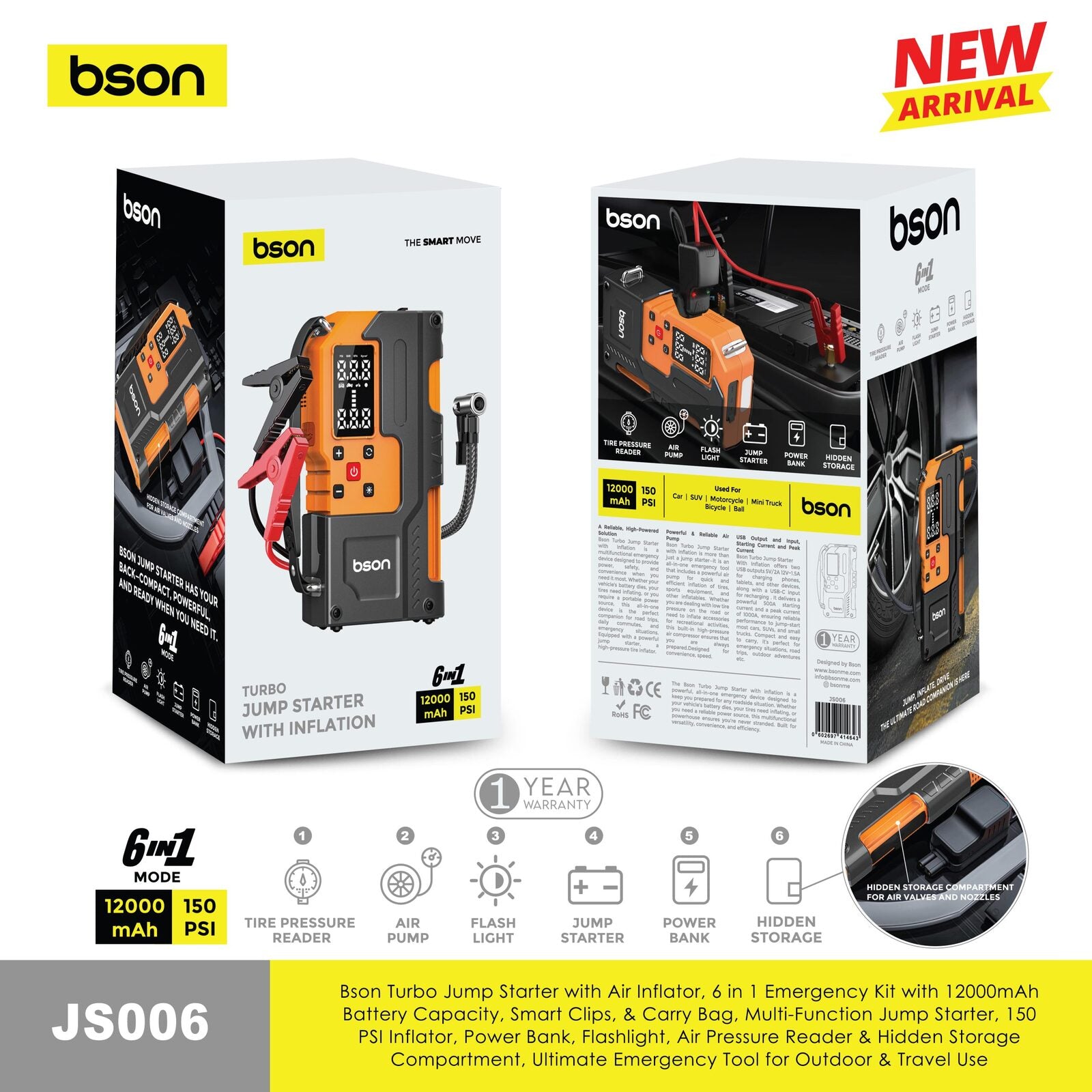 Bson Turbo Jump Starter with Air Inflator – 6-in-1 Emergency Kit - Image 2