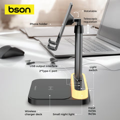 Bson Wireless Power Deck, 15W Fast Qi Wireless Charger with 4 Charging Ports & Adjustable Night Lantern, All-in-One Charging Station