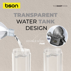 Bson Water Jet Table Fan- 90° Spray Rotation, 4 Fan Modes, Dual Mist Spray, Cool Air Function, Powerful Wind, Type-C Charging, Storage Tank, & LED Display