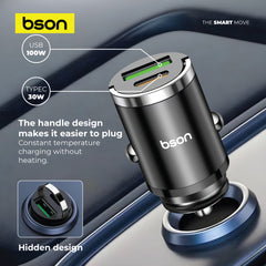 Bson 53W Super Fast Car Charger – 5X Fast Charging with Dual USB Ports (USB-A & USB-C), QC3.0 100W MAX + PD 30W, Smart Safety Protections Included