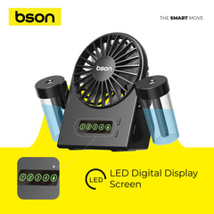 Bson Water Jet Table Fan- 90° Spray Rotation, 4 Fan Modes, Dual Mist Spray, Cool Air Function, Powerful Wind, Type-C Charging, Storage Tank, & LED Display