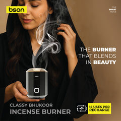 BSON Classy Bhukoor Incense Burner, designed to diffuse rich bhukoor fragrance with elegance and ease. 15 uses per recharge, 90 Sec auto shut-off, 500o temperature with rotatable LID and  type-C charging