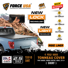 FORCE USA 4 Fold Hard Tonneau Cover for Ford Ranger & Ranger Raptor 2019+ Short Bed, Lock Technology, Weather Resistant, High Quality Rubber